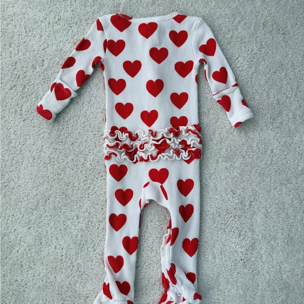 Spearmint Love Red Heart Waffle Knit Ruffled Footed One Piece - Picture 8 of 11